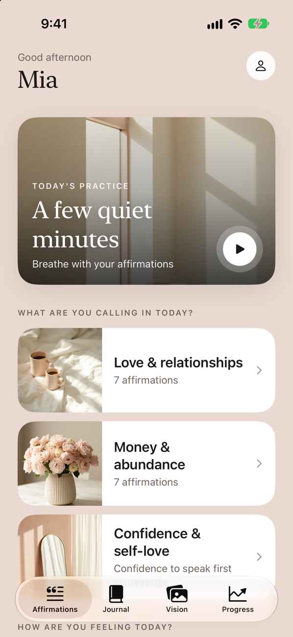 Sena home screen: today's practice and the goals you're calling in